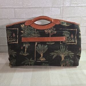 Large Tommy Bahama Bag Tapestry Palm Tree Beach Leather Trim Handbag Tote 17"